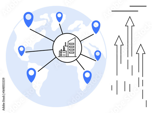 Blue location pins connected to a central company icon over a world map, representing global reach and connections. Growth arrows on the side suggest progress and scalability. Ideal for global