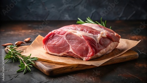 Raw pork shoulder on a dark background with a paper cutout of tenderloin , fat trimmed, pork shoulder
