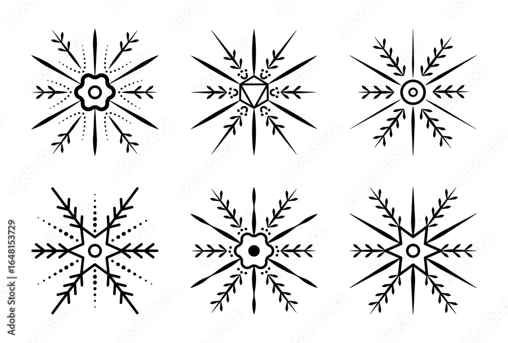 Obraz premium Black monochrome snowflake set, vector signs in different variations, winter collection 