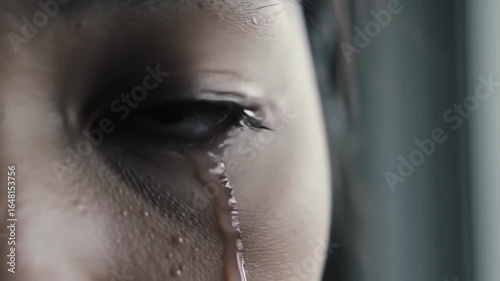 Close-up of an eye with a tear rolling down the cheek.