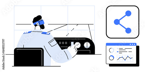 Pilot adjusting aircraft controls in cockpit, dashboard with navigation tools, and data analysis widgets. Ideal for technology, aviation, navigation, innovation, analysis, data-driven