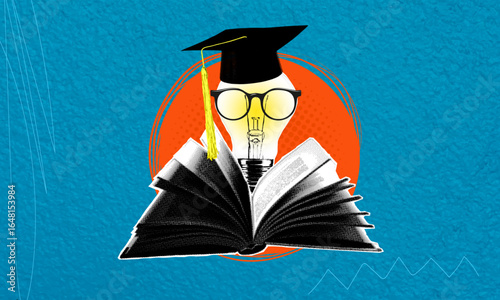 Trendy halftone pop art collage. Head with a stack of books and a light bulb as a metaphor for a new idea.