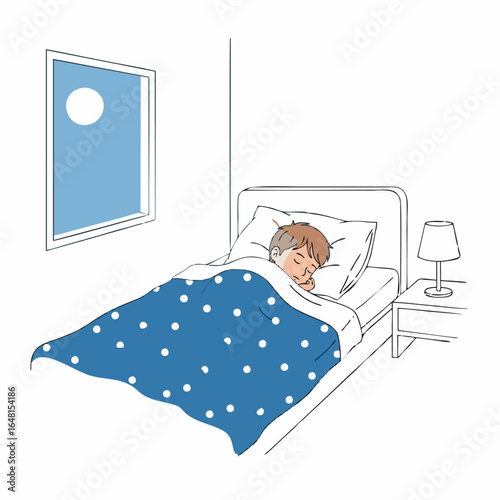 Serene night's sleep in a cozy bedroom under the glow of a full moon, symbolizing peaceful rest and comfort. Ideal for health and wellness themes.