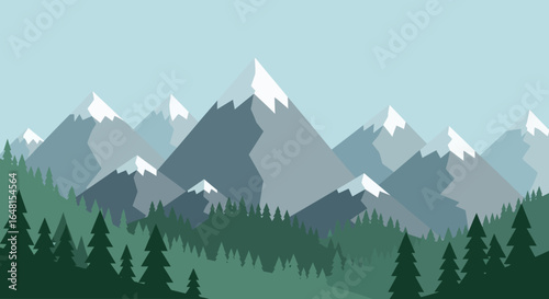 Illustration Vector Mountains Landscape with Pine Trees in Flat Modern Design