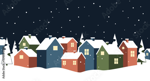 Winter Village Vector Illustration with Snow Covered Houses and Trees in Flat Style Holiday Background Scene