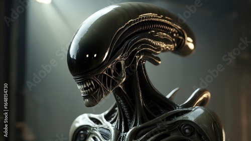 Menacing Xenomorph Profile: Hyperrealistic Bust with Gleaming Carapace