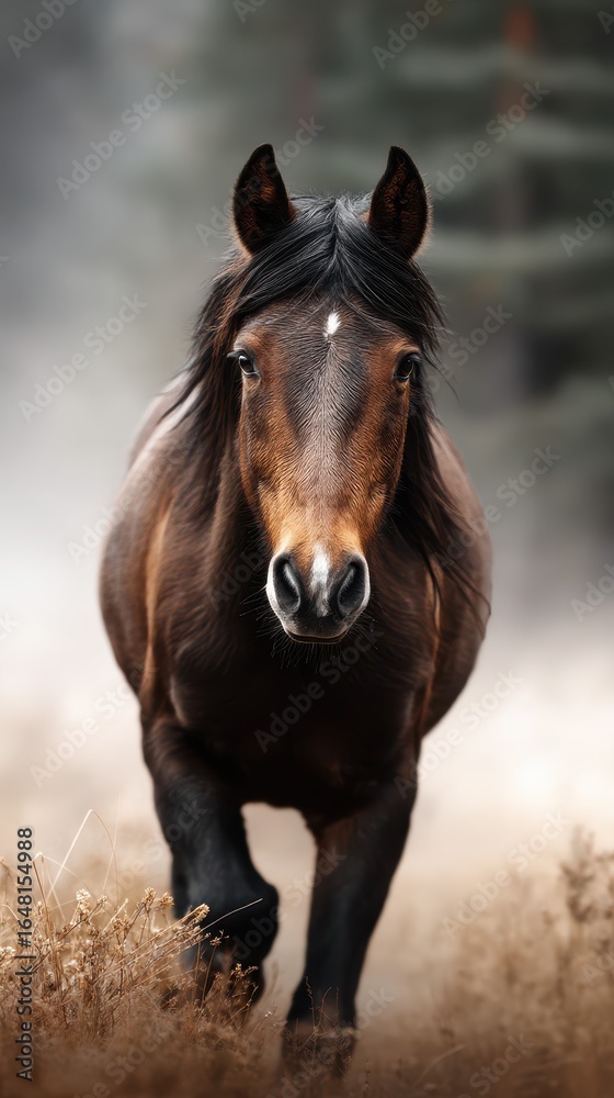 Obraz premium Majestic horse running through misty landscape in early morning light