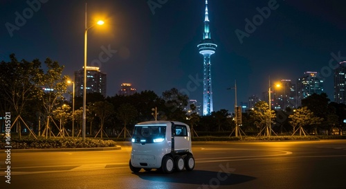 Autonomous delivery vehicle navigating urban nightscape