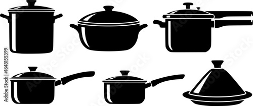 Silhouette icons of six different cooking pots, Set of six black silhouette icons depicting various cooking pots with lids, commonly used for preparing meals in the kitchen