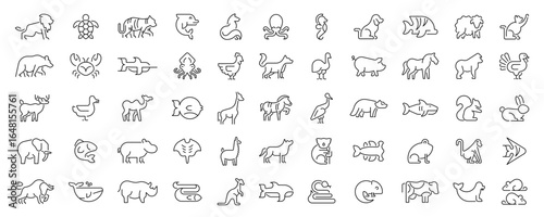 Animals shapes in line style. Animals thin line icons collection. Animals line icons set. Set of outline icons related to animals and pets.