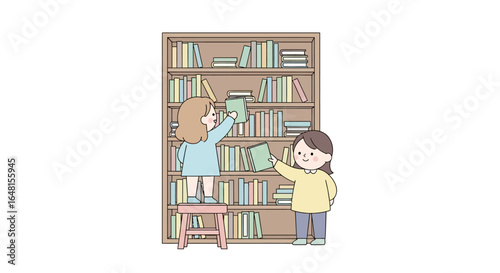Cartoon Vector Illustration of Two Girls Putting Books Away on Bookshelf in Library Modern Flat Design