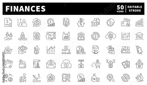 Finances vector icons in line style. Finance and money icons set. Outline finance and money icons collection.