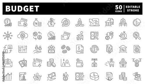 Budget vector icons in line style. Budget icons set. Money icons collection