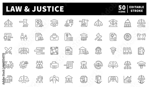 Law and justice vector icons in line style. Law and justice symbols set