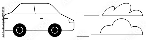 Sedan car silhouette with movement lines and abstract cloud shapes. Ideal for transportation, speed, travel, eco-friendly commuting, innovation, minimalism, simple flat metaphor