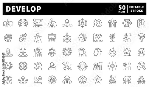 Develop vector icons in line style. Development icons set. Outline progress icons