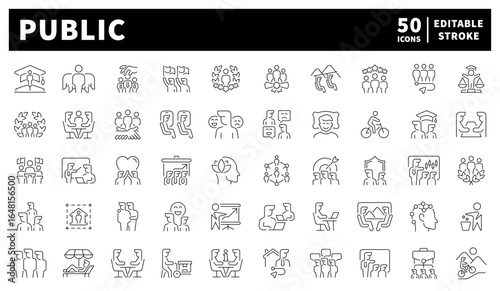 Public vector icons in line style. Public, society, community related icons. Public outline icons.