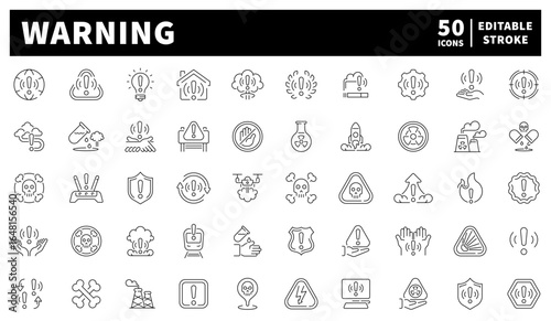 Warning vector icons in line style. Warning icons collection. Danger icons set.