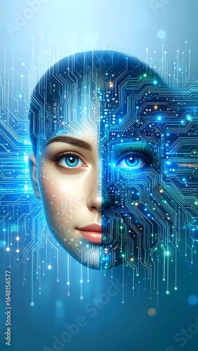 Digital woman face, circuit board