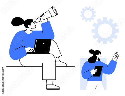 Woman explores possibilities through a telescope while working on a laptop, alongside another pointing out solutions with a tablet. Ideal for innovation, teamwork, productivity, exploration, vision