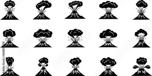 Volcano eruption icon collection, black silhouette of volcanic mountains with smoke clouds