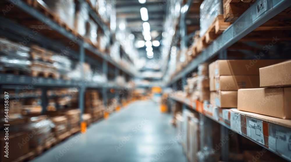 Fototapeta premium Stunning photo of blur warehouse factory storage background, Shipping merchandise in warehouse storage room background, Blur factory and products with bokeh light backdrop.