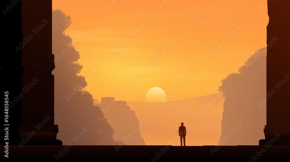Fototapeta premium Solitary Figure Silhouetted Against Vibrant Sunset in Monumental Landscape