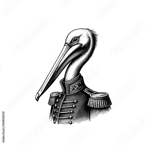Elegant Pelican in Military Uniform with Detailed Features and Intricate Textures Captured Artistically