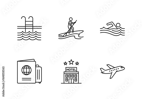 Engaging Travel Icons Representing Adventure Activities, Accommodation, and Transportation for Vacation Planning