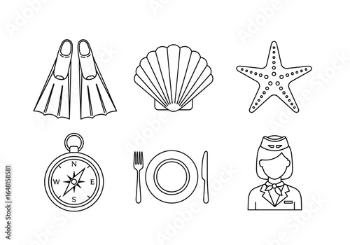 Illustrative Collection of Nautical Icons Featuring Diving Gear, Compass, and Seafood Elements