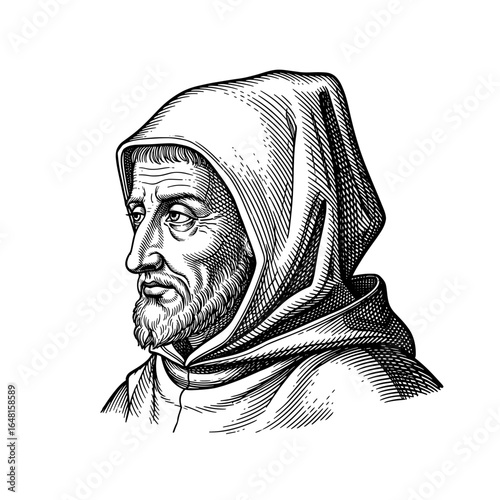 Detailed Portrait of a Historical Figure Wearing a Hooded Cloak with Thoughtful Expression