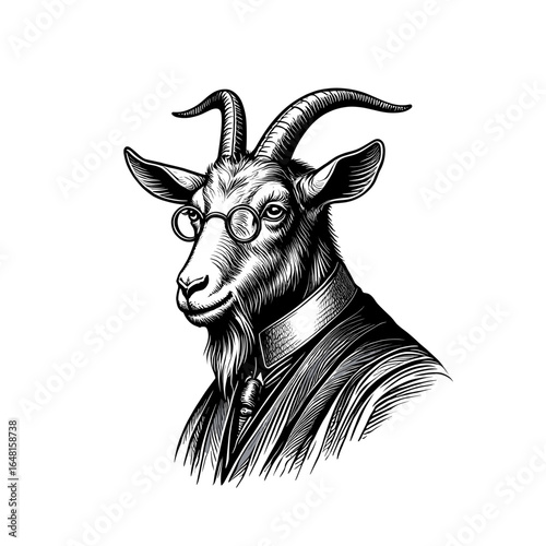 A distinguished goat wearing glasses and a suit, showcasing a unique anthropomorphic character design