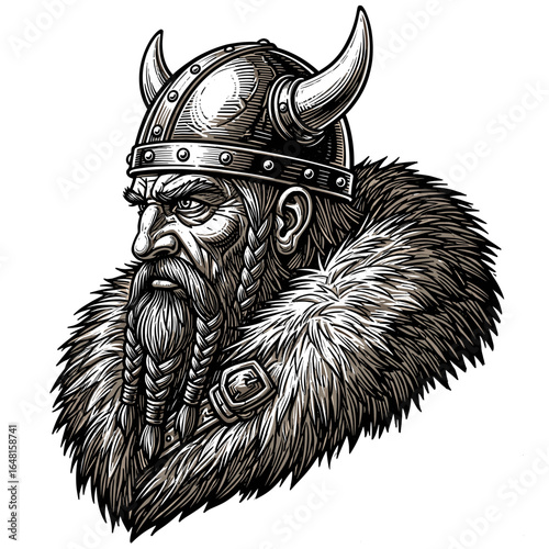 Detailed Illustration of a Fearsome Viking Warrior with Braided Beard and Horned Helmet