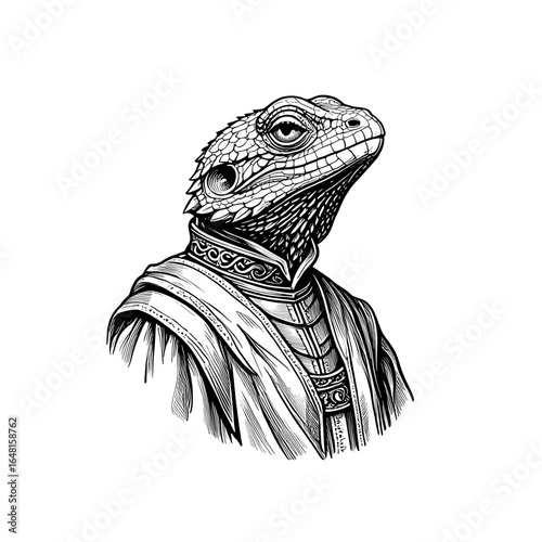 Intricate Illustration of a Regal Lizard Wearing Ornate Garments and Displaying Noble Poise