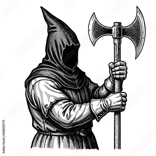 Mysterious hooded figure holding a large double-headed axe in a vintage illustration style