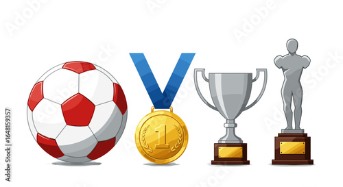 Illustration of a soccer ball medal trophy and statue prize