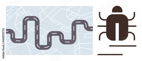 Winding road overlaid on abstract map beside a bug icon. Ideal for navigation, software debugging, problem-solving, route optimization, transportation, urban planning, and abstract thinking. Simple