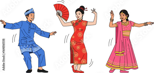 Vibrant traditional dancers showcasing cultural attire and rhythmic dance moves under a black