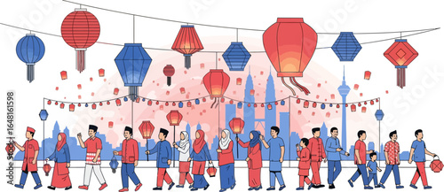 Vibrant night scene featuring a diverse group of people participating in an Asian lantern festival
