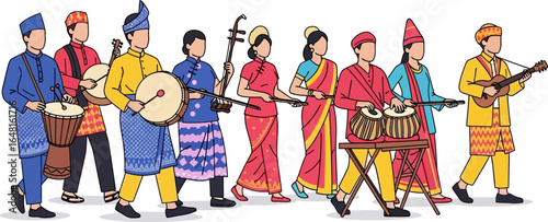 Colorful traditional musicians performing lively cultural music in vibrant attire for festive