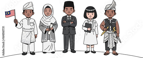 Diverse group showcasing Malaysian traditional clothing and modern attire representing cultural
