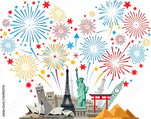 Vibrant Fireworks Burst Over Iconic Landmarks Celebrating a Global Event