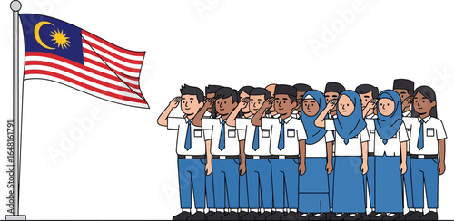 Malaysian students in school uniforms paying respect during national pledge ceremony with the