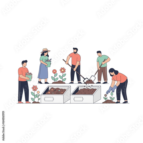 A diverse group of people working together in a community garden, planting flowers and tending to raised beds.