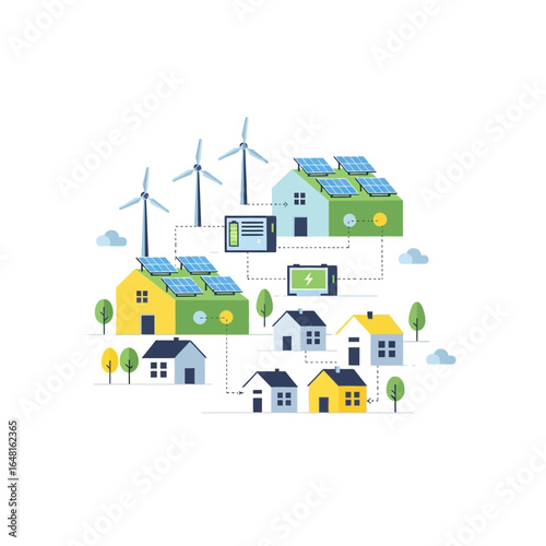 Illustration of a sustainable community powered by solar panels and wind turbines, with battery storage for homes.