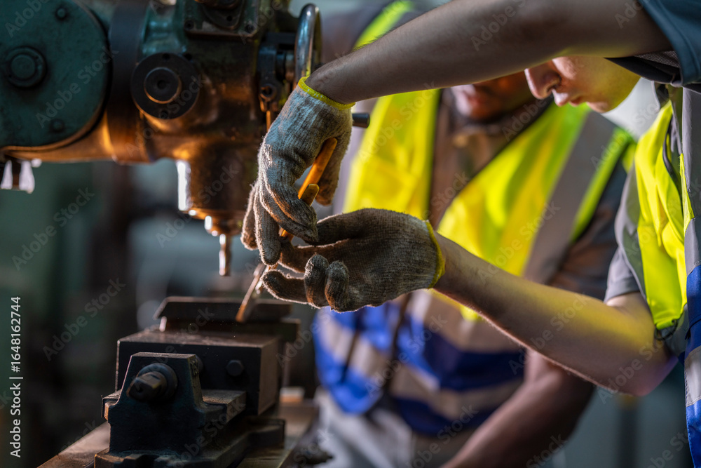 Fotografie Two technicians in safety vests operate a milling machine with focus and precision