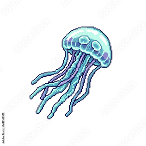 Pixel art illustration of a blue jellyfish on a white background