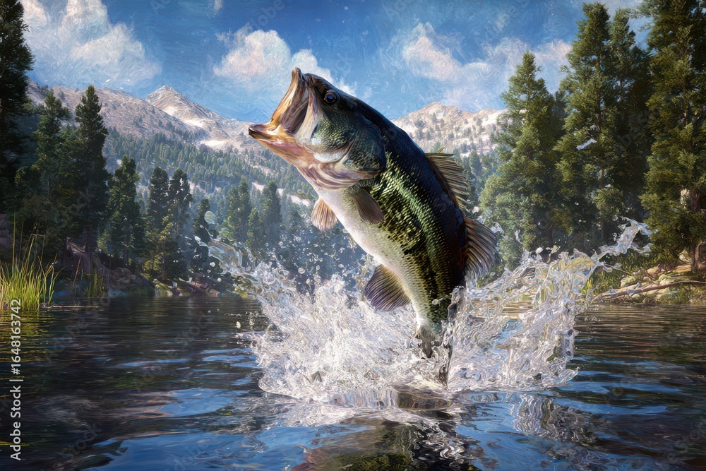 Fototapeta premium A large-mouth bass jumping out of the water, splashing around