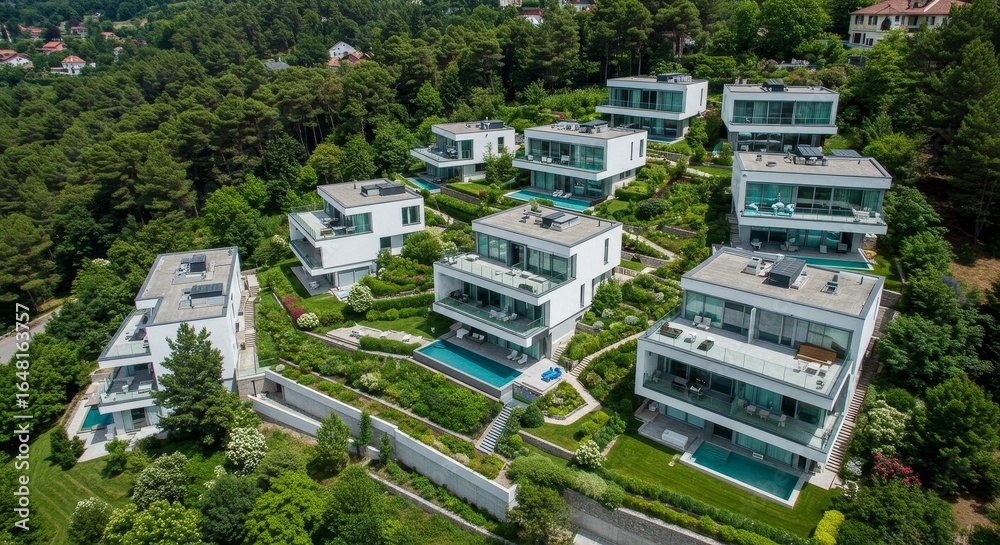 Fototapeta premium Captivating Aerial Vista of Contemporary Hillside Residences Harmonized with Nature