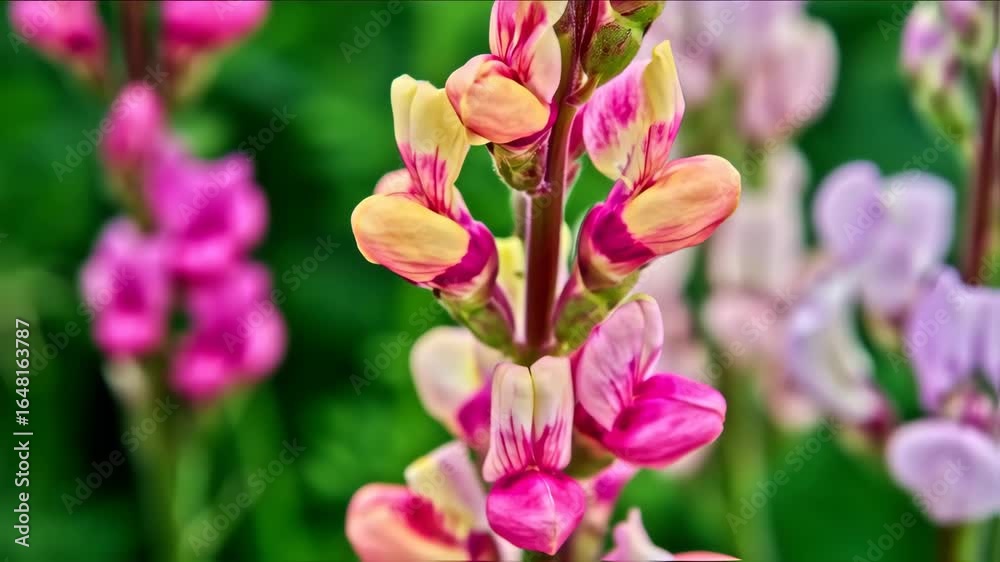 Close-up of vibrant pink and yellow flowers, with soft focus on surrounding blooms Close-up of vibrant pink and yellow flowers, with soft focus on surrounding blooms